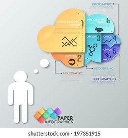 Modern infographics options banner with thinking man and cloud made of colorful sheets. Vector. Can be used for web design and  workflow layout