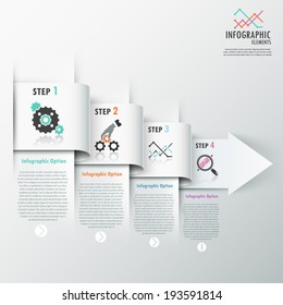 Modern infographics options banner with white paper arrow divided into four steps. 