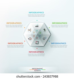 Modern infographics options banner with white pyramid divided into 6 options. Vector. Can be used for web design and  workflow layout