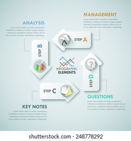 Modern infographics options banner with white arrows and flat icons on grey background. Vector. Can be used for web design and  workflow layout