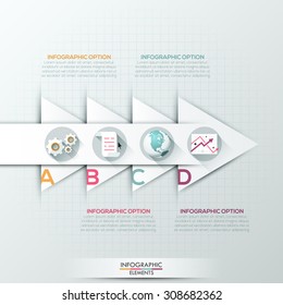 Modern infographics options banner with white arrow divided into 4 steps and flat icons. Vector. Can be used for web design and  workflow layout