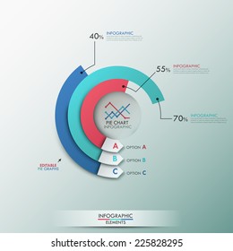 Modern infographics options template with 3 pie charts. Vector. Can be used for web design and  workflow layout