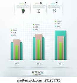 Modern infographics options template with 3 column charts and icons. Vector. Can be used for web design and  workflow layout