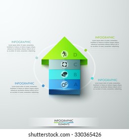 Modern infographics options template with 3d colorful arrow made of 4 colorful blocks. Vector. Can be used for web design, workflow layout, diagram, business step features, banner.