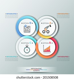 Modern infographics options template with 4 colorful ribbons on circles. Vector. Can be used for web design and  workflow layout