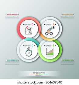 Modern infographics options template with 4 colorful ribbons on circles. Vector. Can be used for web design and  workflow layout