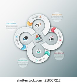 Modern infographics options template with 4 white ribbons and color arrows. Vector. Can be used for web design and  workflow layout