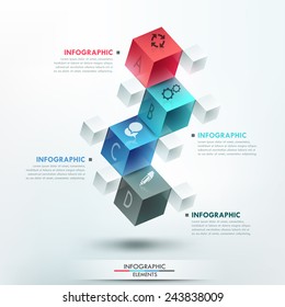 Modern infographics options template with 4 realistic colorful cubes and 4 options, icons and editable text on bright background. Vector. Can be used for web design and workflow layout.