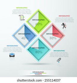 Modern infographics options template with 4 rectangle pie charts and icons. Vector. Can be used for web design and  workflow layout