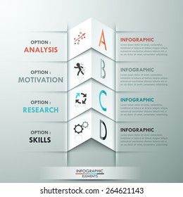 Modern infographics options template with 4 white paper sheets. Vector. Can be used for web design and workflow layout