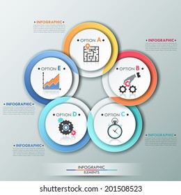 Modern infographics options template with 5 colorful ribbons on circles. Vector. Can be used for web design and  workflow layout