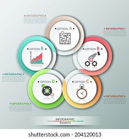 Modern infographics options template with 5 colorful ribbons on circles. Vector. 