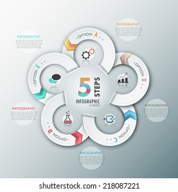 Modern infographics options template with 5 white ribbons and color arrows. Vector. Can be used for web design and  workflow layout