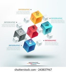 Modern infographics options template with 5 realistic colorful cubes and 4 options, icons and editable text on bright background. Vector. Can be used for web design and workflow layout.