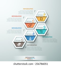 Modern infographics options template with 5 paper polygons. Vector. Can be used for web design and workflow layout