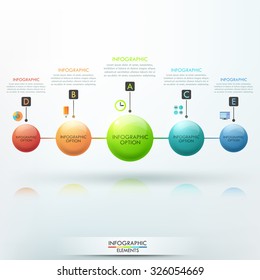 Modern infographics options template with 5 connected colorful spheres and icons. Vector. Can be used for web design and  workflow layout