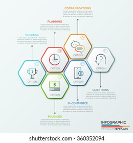 Modern infographics options template with 6 paper polygons. Vector. Can be used for web design, brochure, presentations and workflow layout