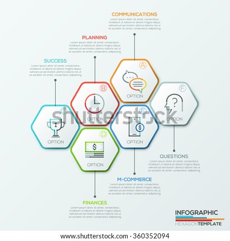 Modern infographics options template with 6 paper polygons. Vector. Can be used for web design, brochure, presentations and workflow layout