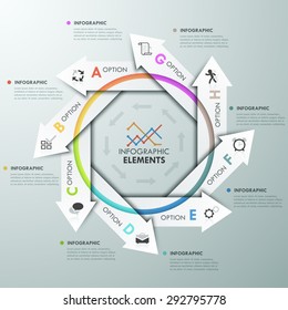 Modern infographics options template with 8 paper arrows. Vector. Can be used for web design and  workflow layout
