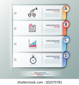 Modern infographics options template with paper sheets, icons for 4 options. Vector. Can be used for web design and workflow layout