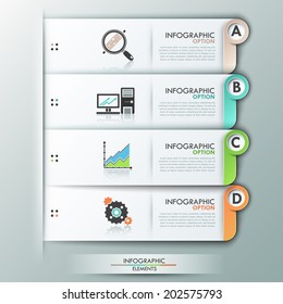Modern infographics options template with paper sheets, icons for 4 options. Vector. Can be used for web design and workflow layout