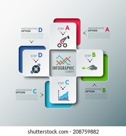 Modern infographics options template with paper sheets (rectangles with rounded corners), icons and text for 4 options. Vector. Can be used for web design and workflow layout