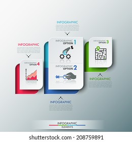 Modern infographics options template with paper sheets (rectangles with rounded corners), icons and text for 4 options. Vector. Can be used for web design and workflow layout