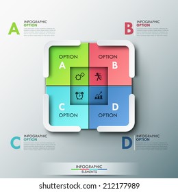 Modern infographics options template with paper rectangles, icons and text for 4 options. Vector. Can be used for web design and workflow layout