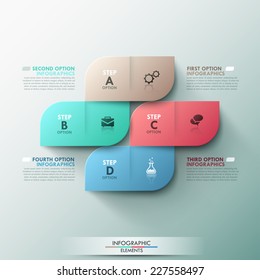 Modern infographics options template with paper shapes, icons and text for 4 options. Vector. Can be used for web design and workflow layout