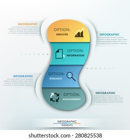 Modern infographics options template with paper pool shape divided into 4 parts on bright background. Vector. Can be used for web design and  workflow layout