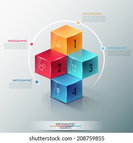 Modern infographics options template with realistic colorful cubes and 4 options, icons and editable text. Vector. Can be used for web design and workflow layout.