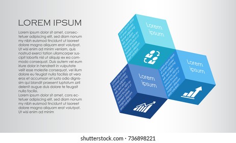 Modern infographics options template with realistic blue cubes and editable text. Vector illustration