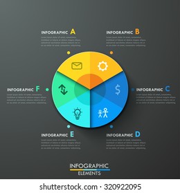 Modern infographics paper pie chart template for 6 options on dark background. Vector. Can be used for web design and  workflow layout
