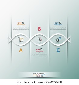 Modern infographics process template with 2 weaved paper ribbons and icons for 3 steps. Vector. Can be used for web design and  workflow layout