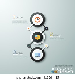Modern infographics process template with 3 connected paper circles, flat icons on grey background. Vector. Can be used for web design and  workflow layout