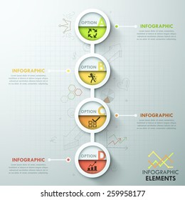 Modern infographics process template with 4 paper circles, icons and doodles. Vector. Can be used for web design and  workflow layout