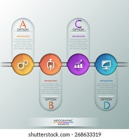 Modern infographics process template with 4 circles, icons on grey background. Vector. Can be used for web design and  workflow layout