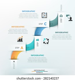 Modern infographics process template with 4 part curved paper ribbon and icons on bright background. Vector. Can be used for web design and  workflow layout