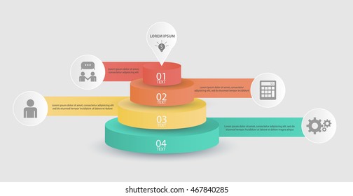 Modern infographics process template with 4 paper circles, icons on grey background.