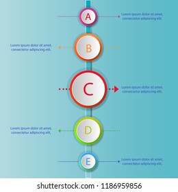 Modern infographics process template with 5 circle buttons icons and text. Vector. Can be used for web design and workflow layout
