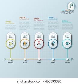 Modern infographics process template with 5 paper shapes. Vector. Can be used for workflow layout, banner, diagram, web design, presentations. timeline concept.