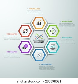 Modern infographics process template with 6 paper polygons. Vector. Can be used for web design and workflow layout