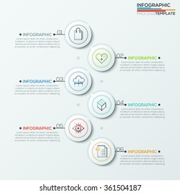 Modern infographics process template with 6 paper circles and icons. Vector. Can be used for web design and  workflow layout