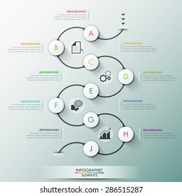 Modern infographics process template with 9 paper circles on dark path, icons and text. Vector. Can be used for web design and workflow layout