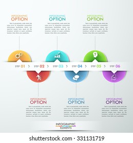 Modern infographics process template with circle sheets, icons and text for 6 steps. Vector. Can be used for workflow layout, banner, diagram, number options, web design