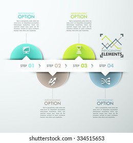 Modern infographics process template with circle sheets, icons and text for 4 steps. Vector. Can be used for workflow layout, banner, diagram, number options, web design