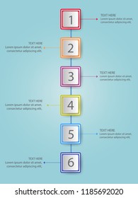 Modern infographics process template with paper sheets (rectangles with rounded corners), icons and text for 6 steps. Vector. Can be used for web design, timeline and workflow layout