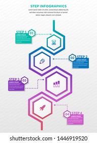 Modern infographics process template with paper sheets, polygons with rounded corners, icons and text for four steps. Vector. Can be used for web design, timeline and workflow layout