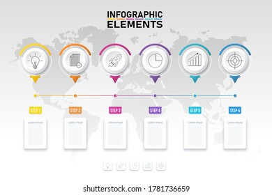Modern infographics process template with paper circles, icons for 6 options. Vector. Can be used for web design presentation and workflow layout.