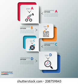 Modern infographics process template with paper sheets (rectangles with rounded corners), icons and text for 4 options. Vector. Can be used for web design and workflow layout